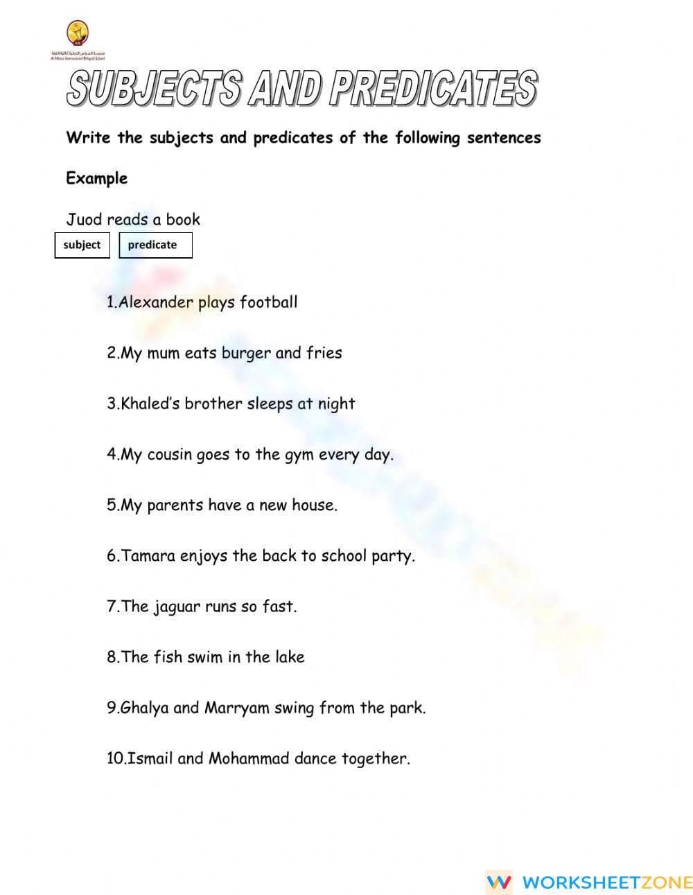 Printable Subjects and Predicates Worksheet | Grade 3 ELA - Page 1