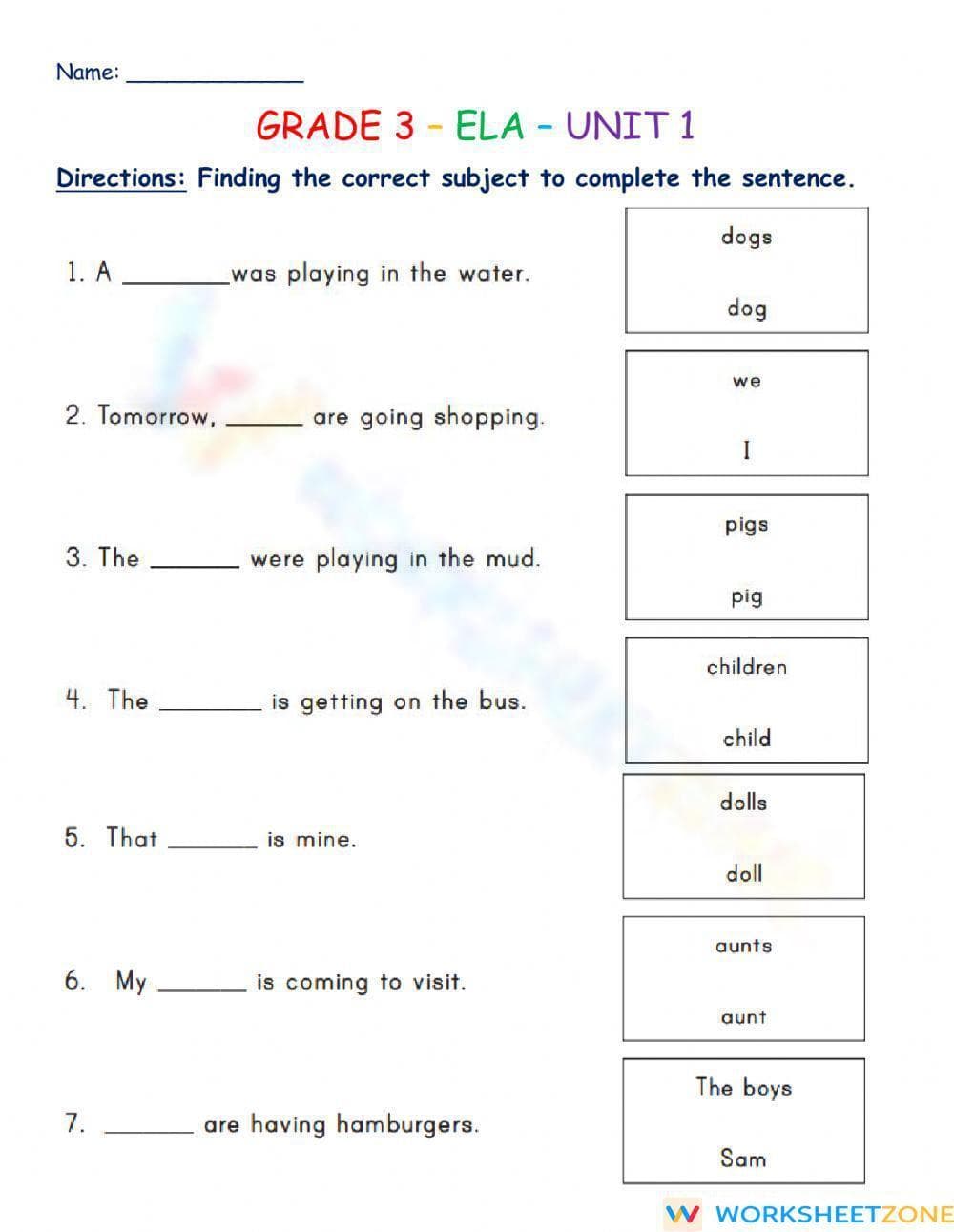 Grade 3 Subject-Verb Agreement — Printable No-Prep Worksheet - Page 1