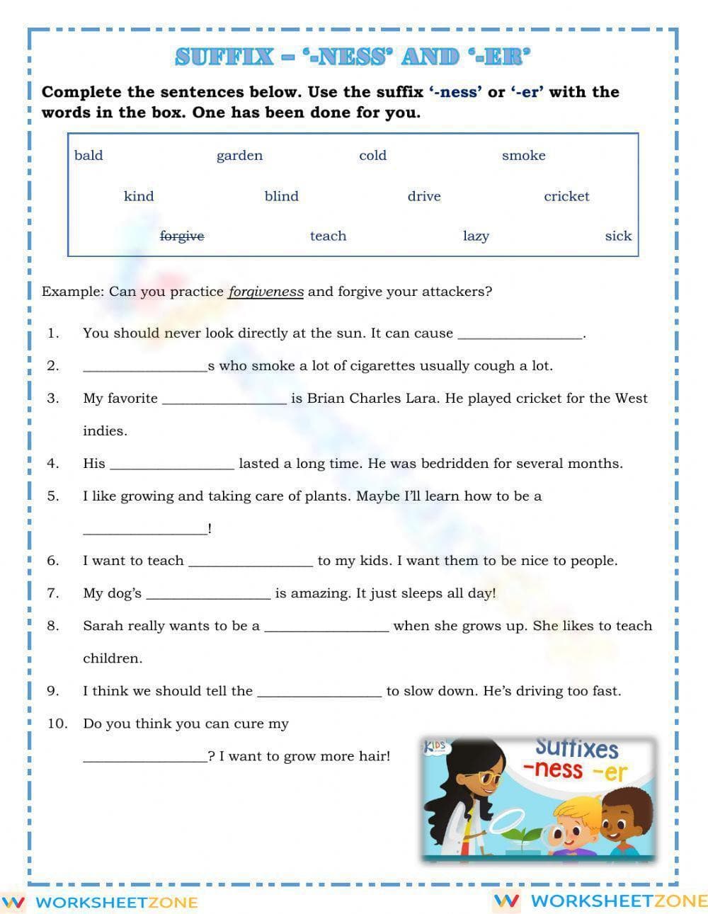 Printable Suffixes -er and -ness Worksheet | Grade 3 ELA - Page 1