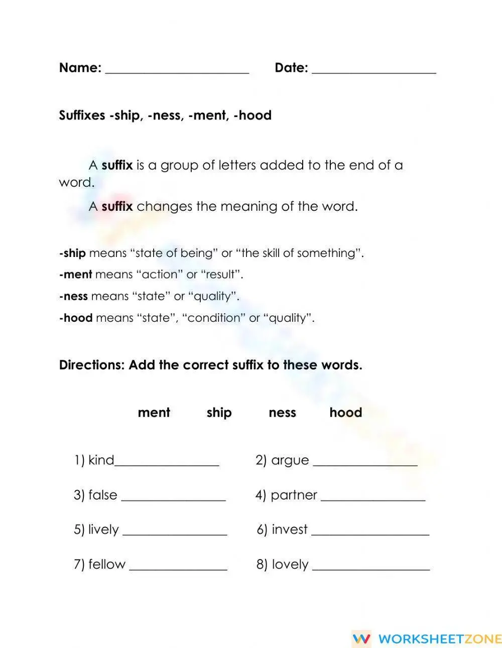 Essential Suffixes Worksheet | Grade 3-4 ELA Printable - Page 1