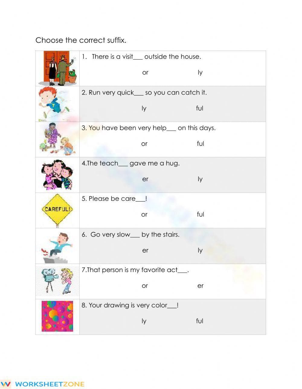 Printable Suffixes Worksheet | Grade 1-2 -er -or -ly -ful - Page 1
