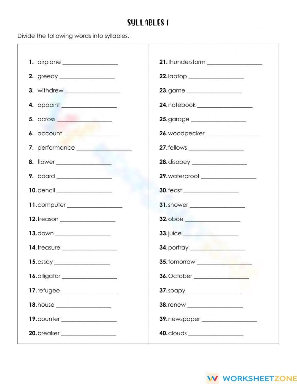 Printable Syllables Worksheet | Grade 5-7 ELA Phonics - Page 1