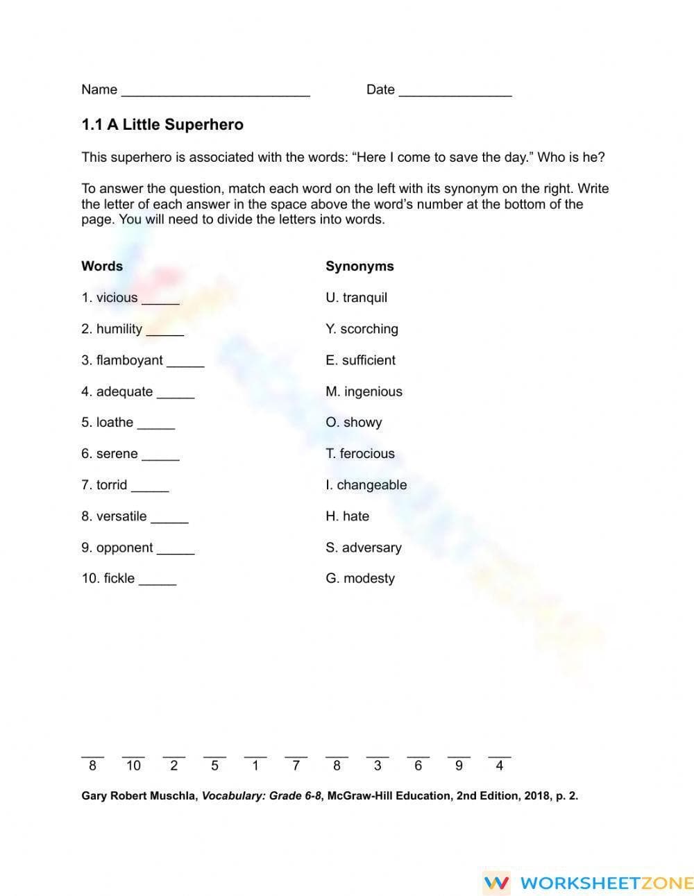 Essential Synonyms Worksheet | Grades 6-8 Printable - Page 1