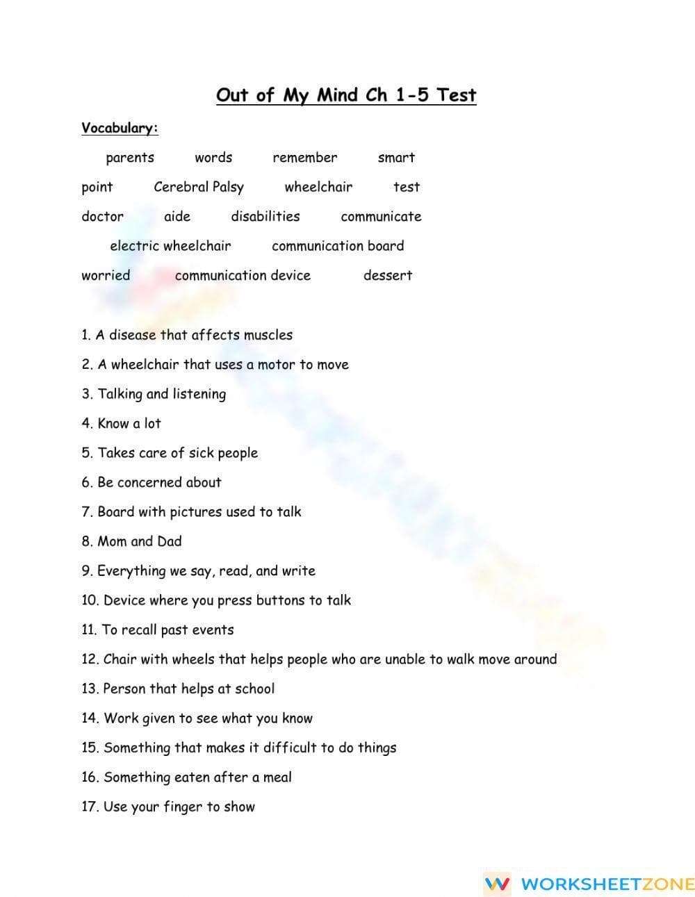 Printable Out of My Mind Ch 1-5 Test | Grade 6-9 ELA - Page 1