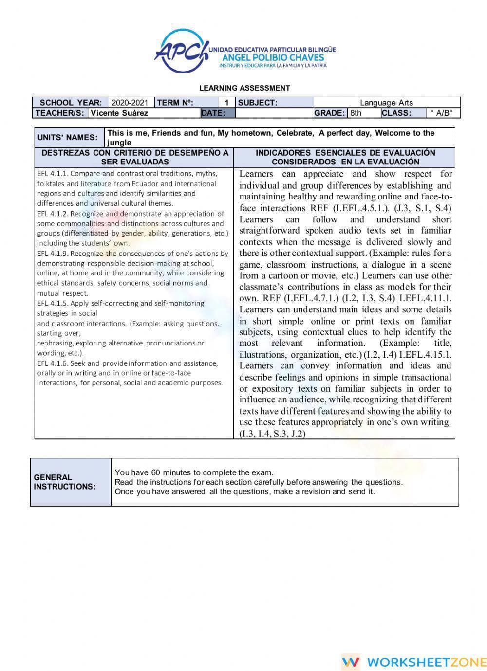 Essential I.EFL.4.11.1 Worksheet: Grade 8 English Term Test - Page 1