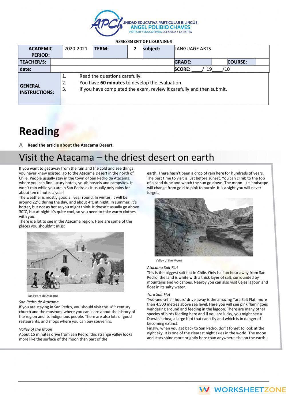 9th Grade ELA Assessment: Atacama Desert Aligned Exam - Page 1