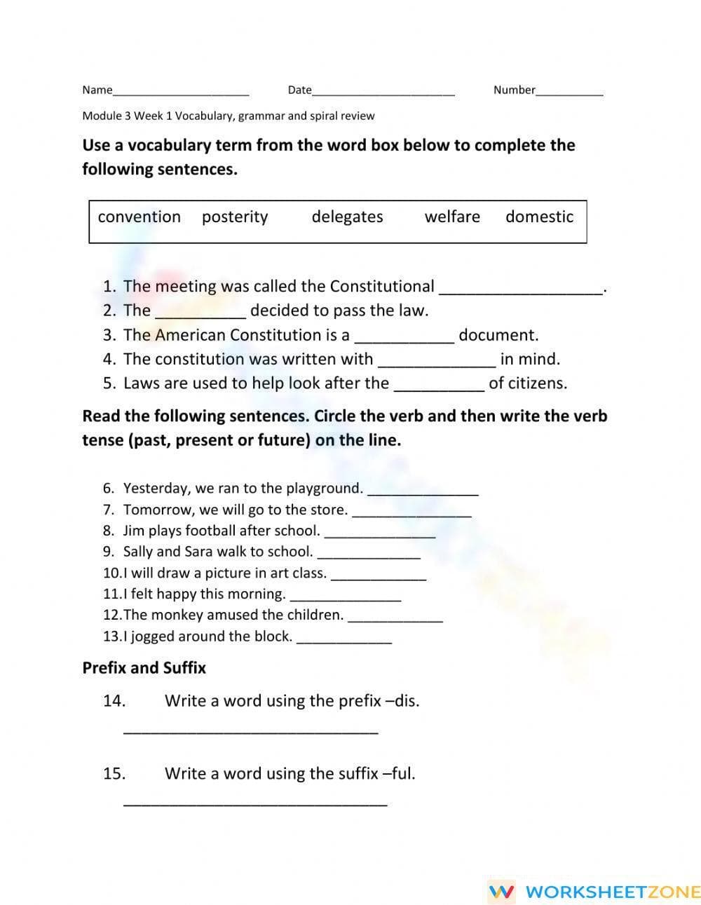Printable Grade 5 Verb Tenses and Vocabulary Quiz - Page 1