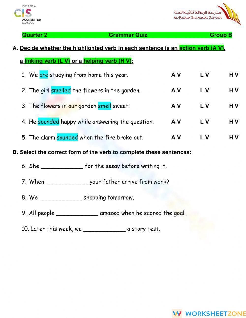 L.6.1 Worksheet: Verb Grammar Quiz — Grade 6 Aligned - Page 1