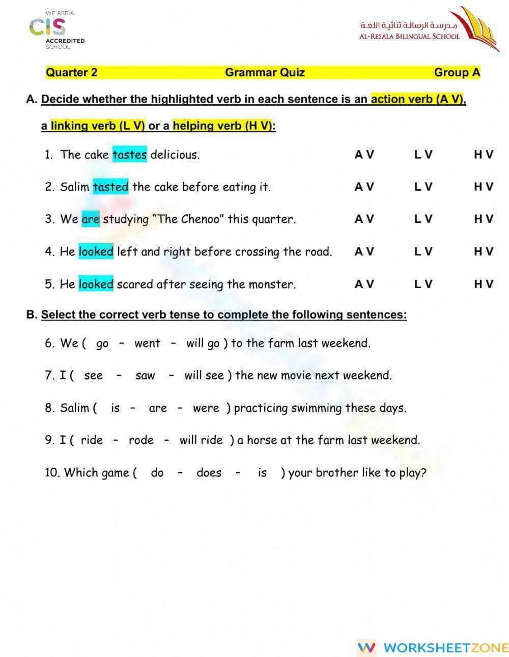 Printable Verb Tenses and Types Quiz | Grade 6 ELA - Page 1