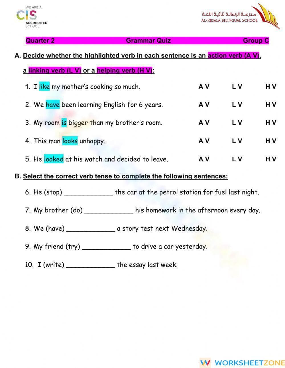 CCSS L.5.1.C Verb Types & Tenses Quiz — Grade 6 Aligned - Page 1