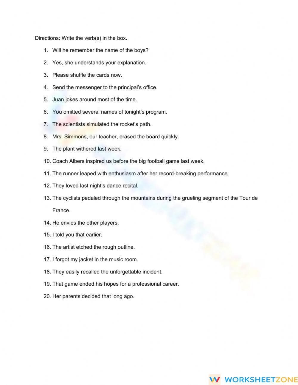 Printable Identifying Verbs Worksheet | Grade 5-8 ELA - Page 1