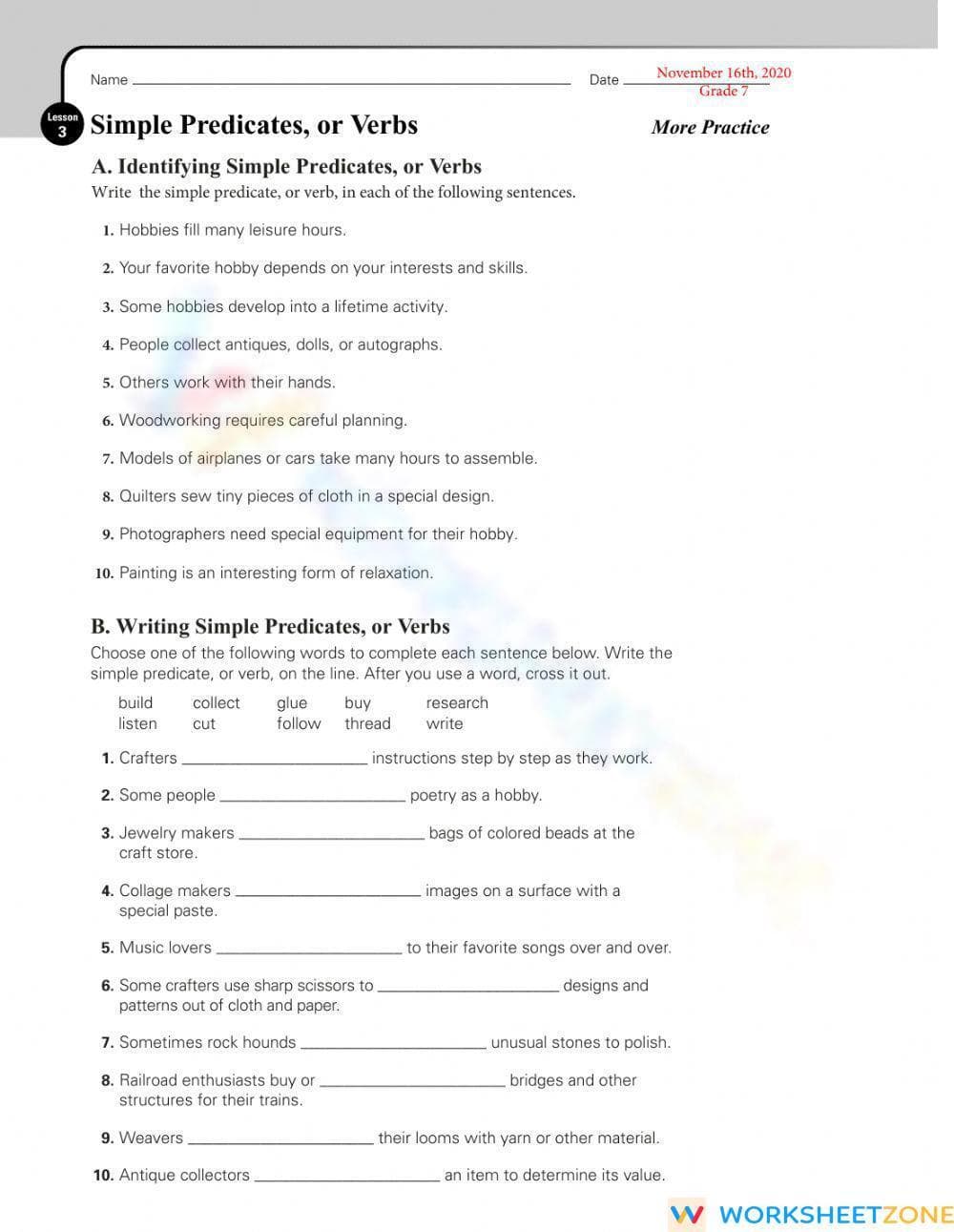 Simple Predicates & Verbs Worksheet | Grade 5-7 Printable - Page 1