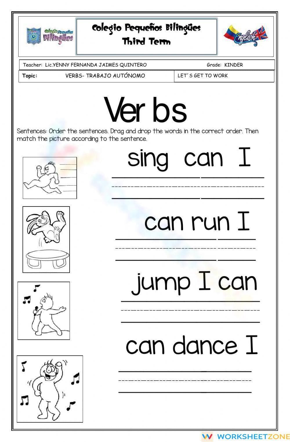 Printable Let's Get to Work Verbs Worksheet | Grade K - Page 1