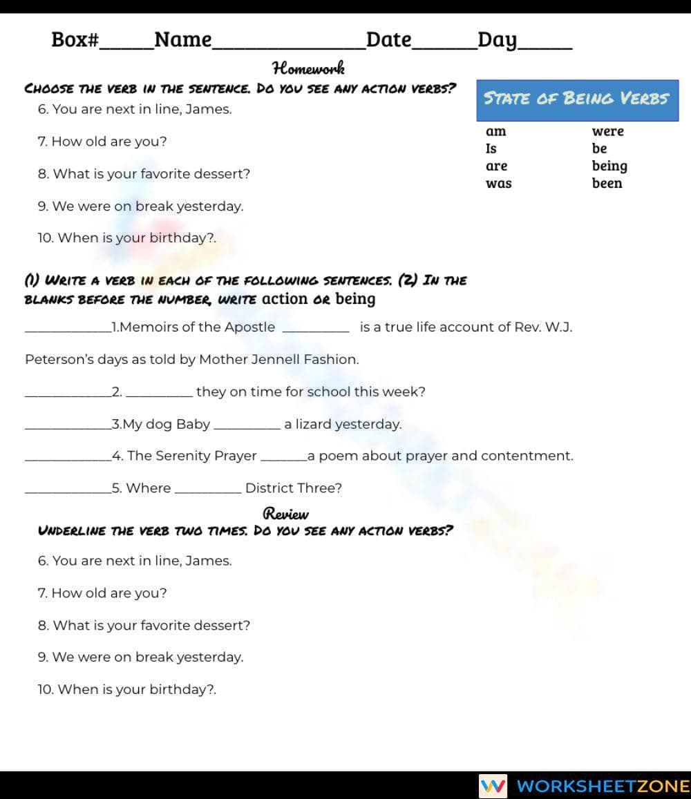 Grade 3 State of Being Verbs — Printable No-Prep Worksheet - Page 1