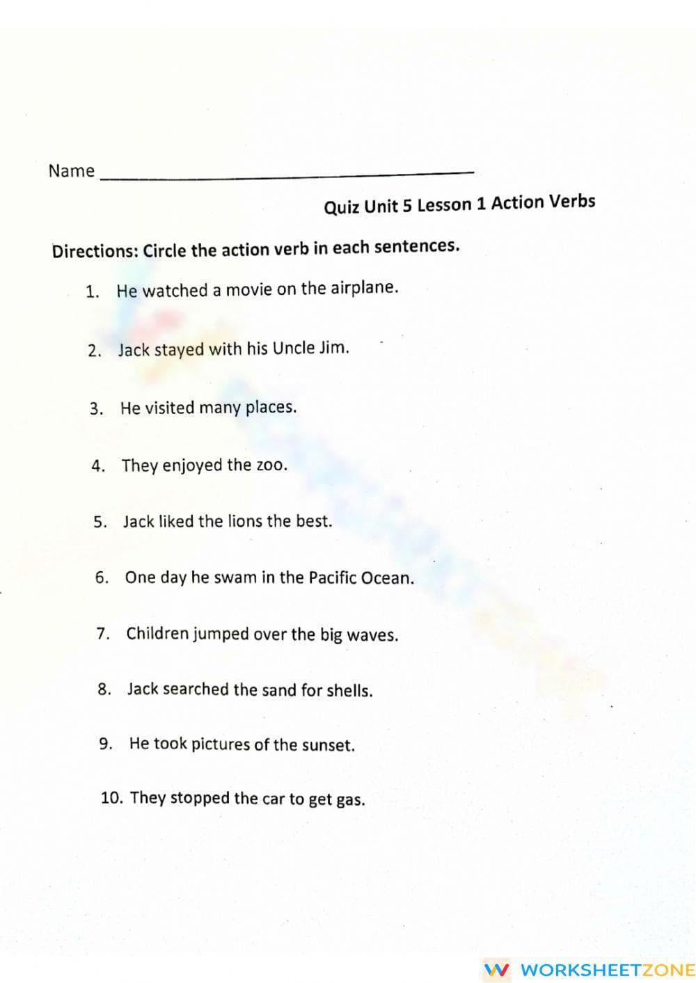 L.3.1.A Quiz: Action Verbs Worksheet — Grade 3 Aligned - Page 1