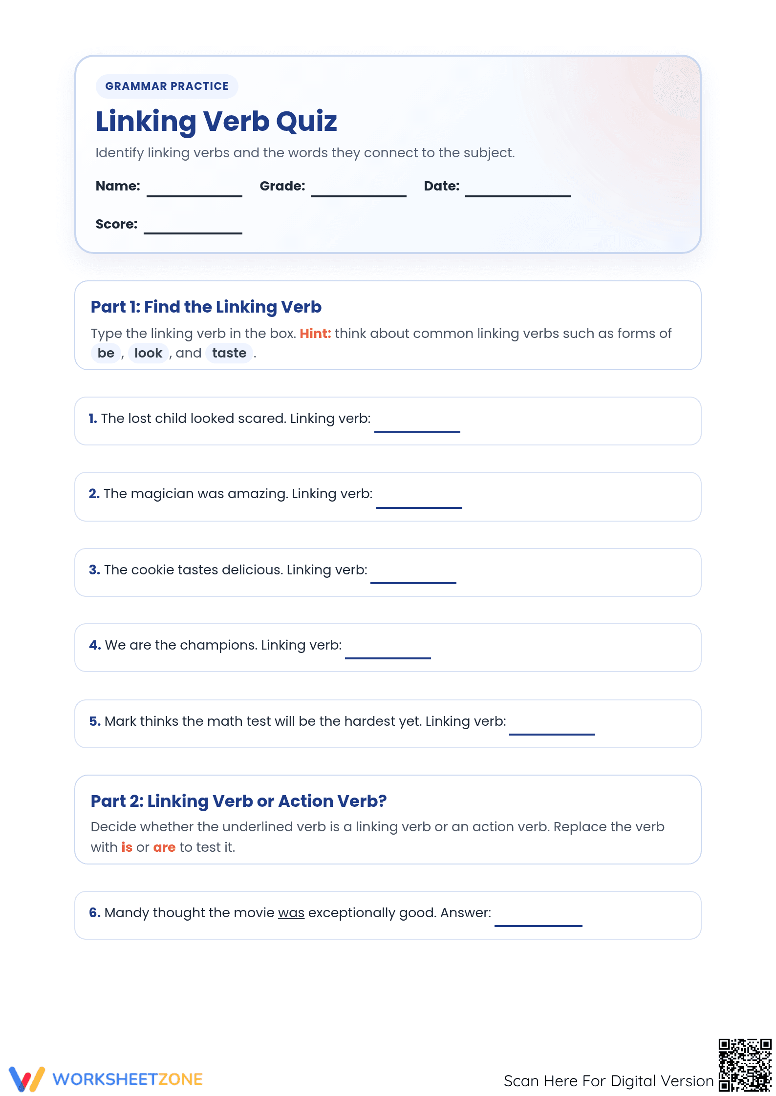 Linking Verbs Quiz Worksheet | Essential Grade 5-6 Aligned - Page 1