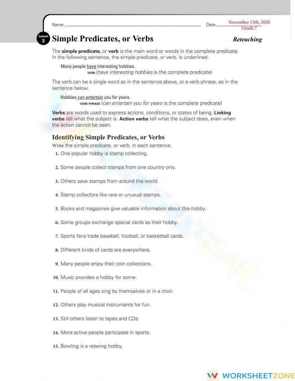 Printable Simple Predicates Reteach Worksheet | Grade 7 ELA - Page 1