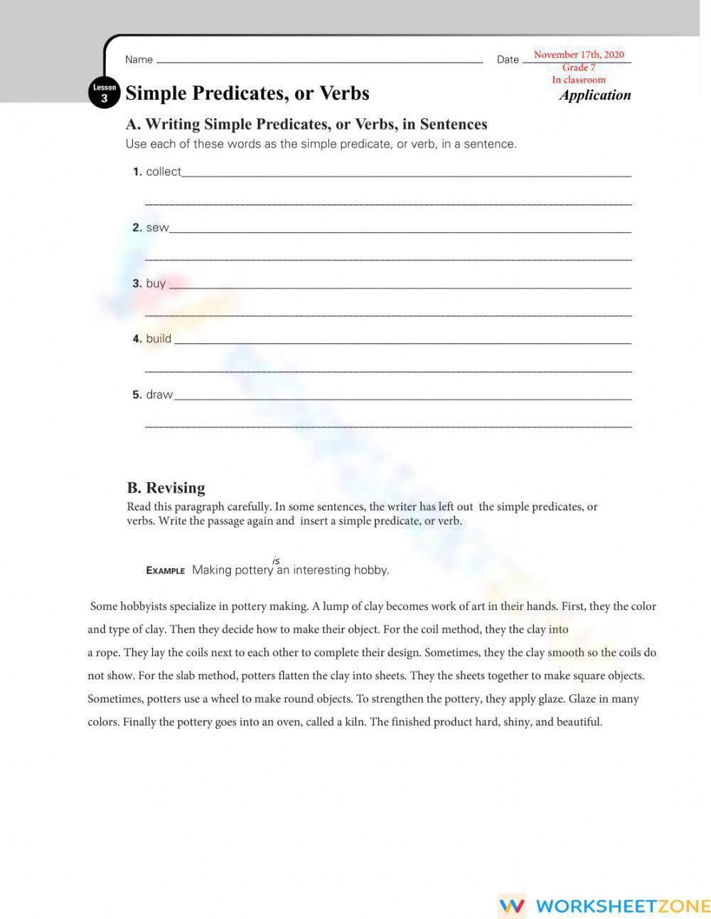 Essential Simple Predicates Worksheet | Grade 7 ELA - Page 1