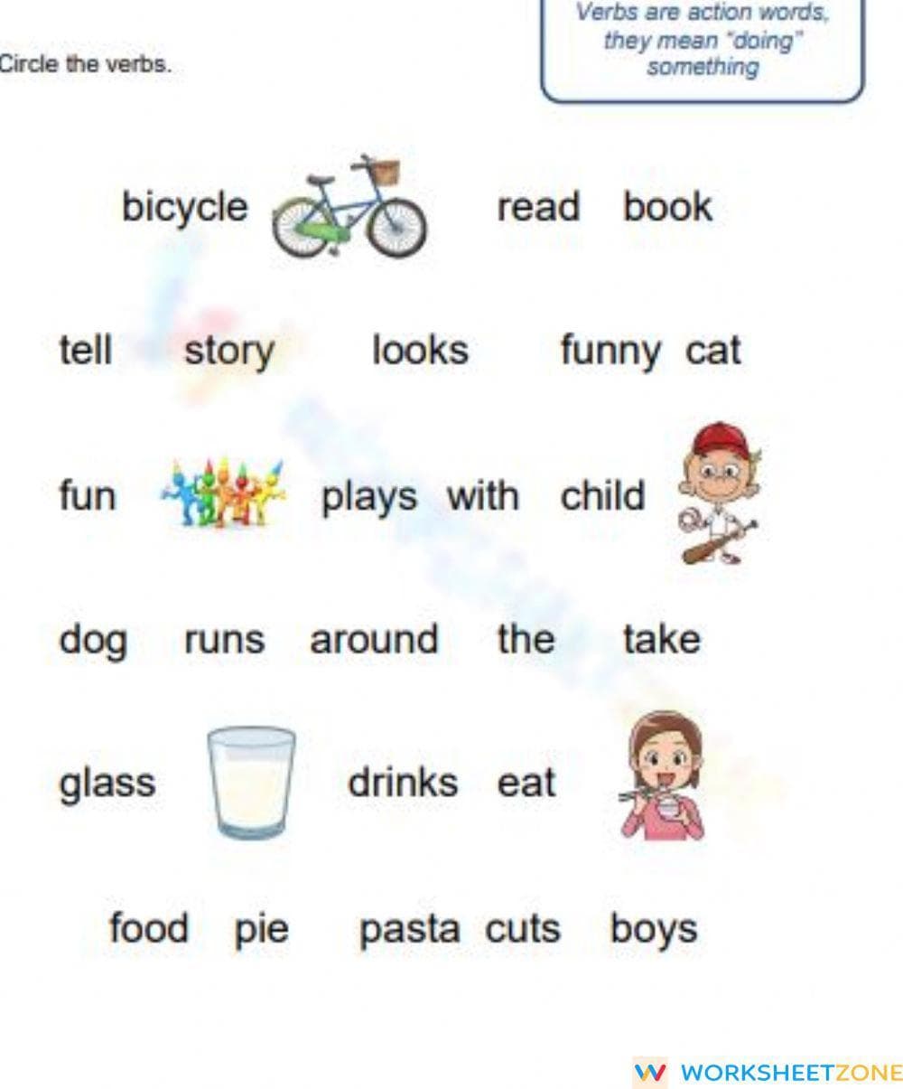 Essential Action Verbs Worksheet | Grade 1-3 ELA Printable - Page 1