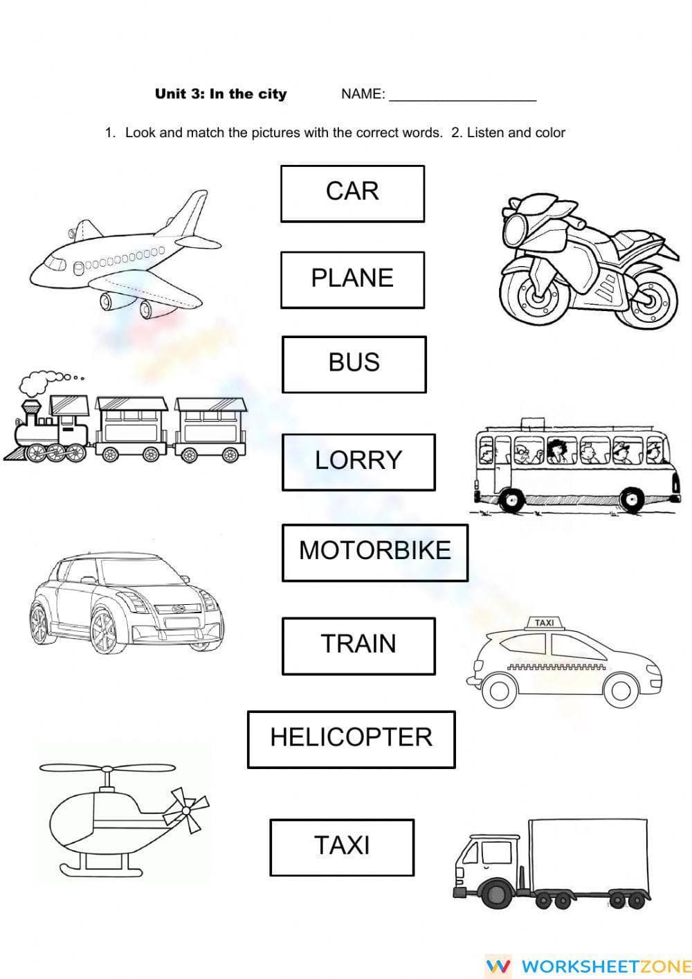 Essential Grade 1 City Transport Vocabulary Worksheet - Page 1