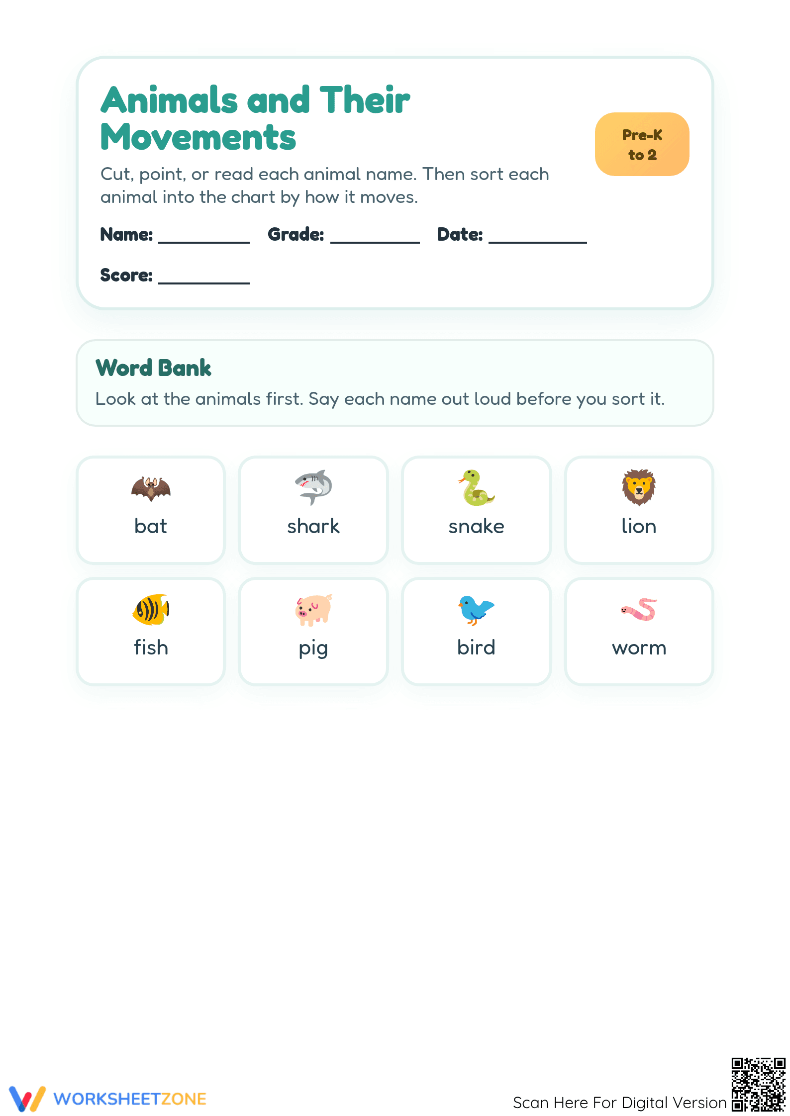 Printable Animal Movements Classify Worksheet | Grade K-1 - Page 1