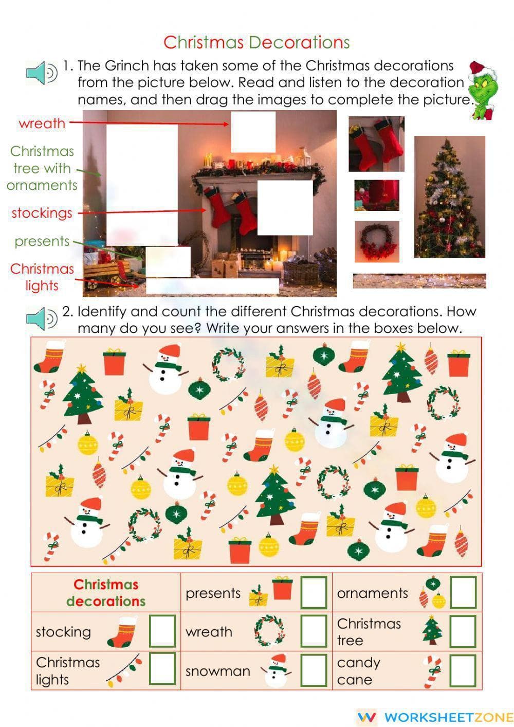 Printable Christmas Decorations Counting Worksheet | Grade K - Page 1