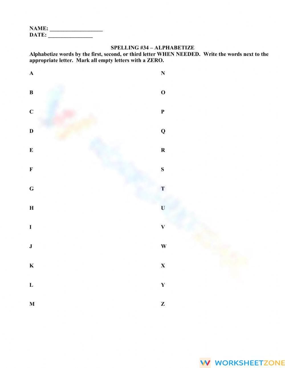 Printable Alphabetizing Worksheet | College ELA Essential - Page 1