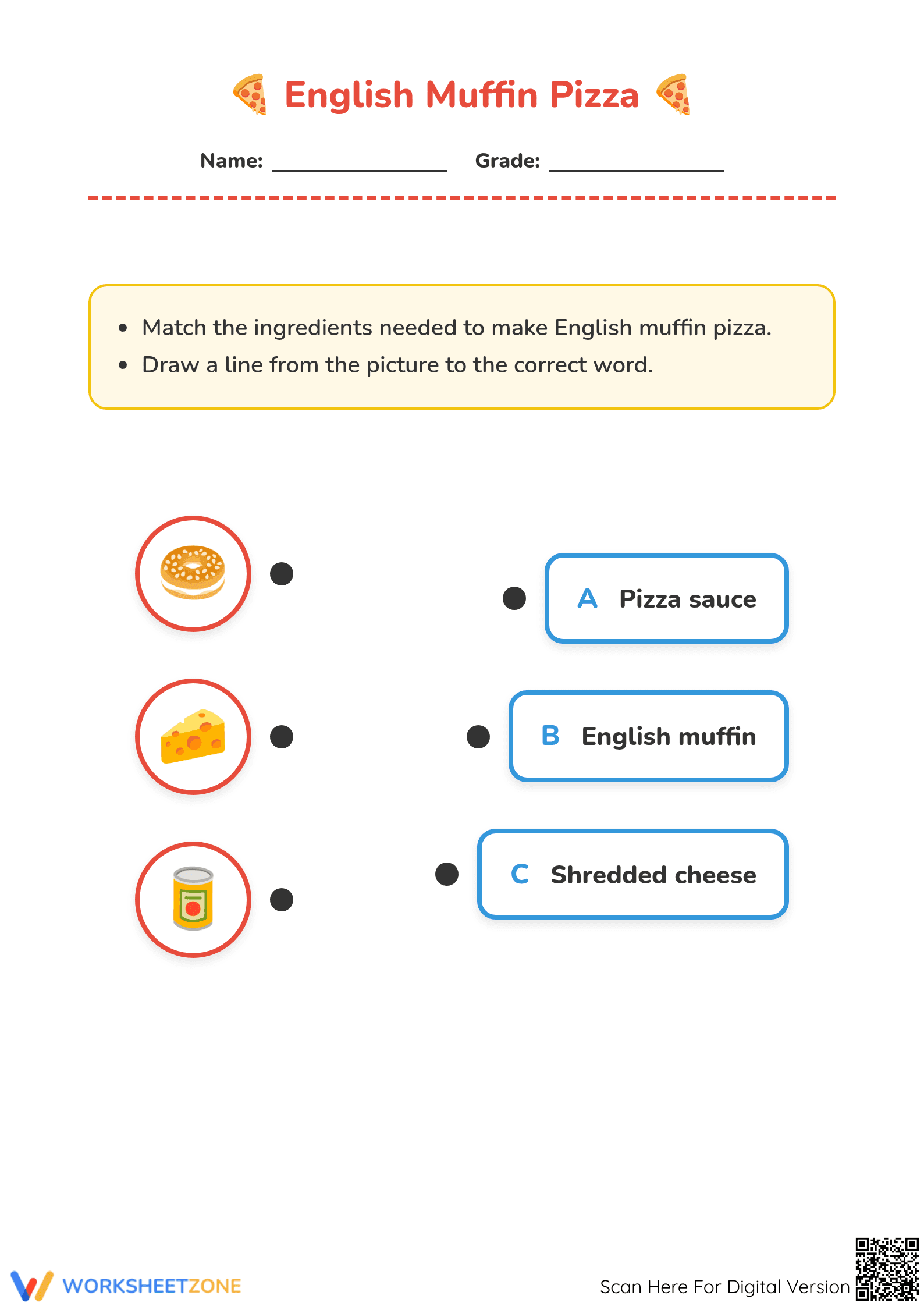Essential Pizza Ingredient Matching | Grade 1 Ready Worksheet - Page 1