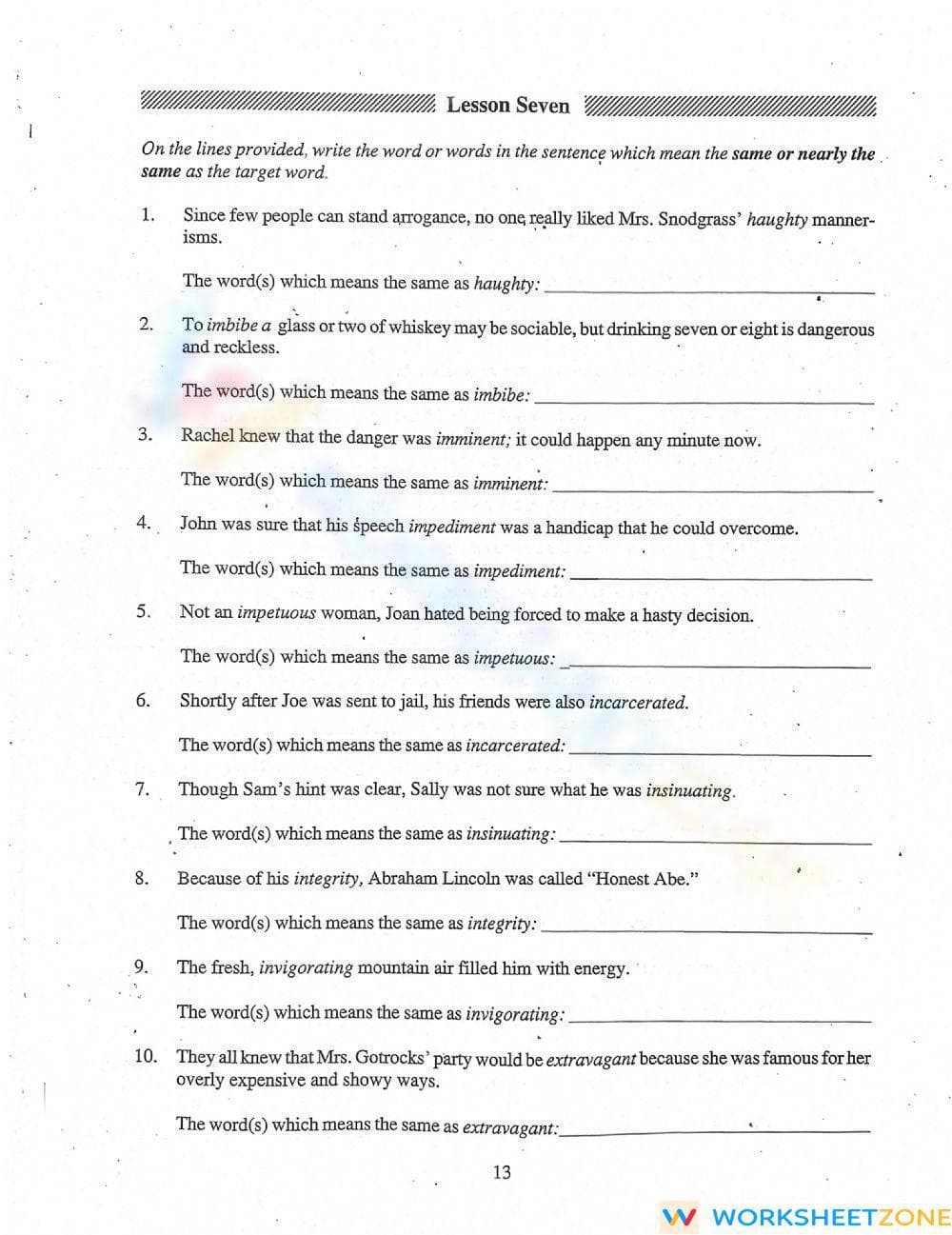 Grade 9 Vocabulary in Context — Printable No-Prep Worksheet - Page 1