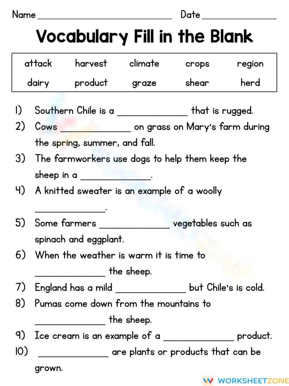 Grade 2 Farm Vocabulary — Printable No-Prep Worksheet - Page 1