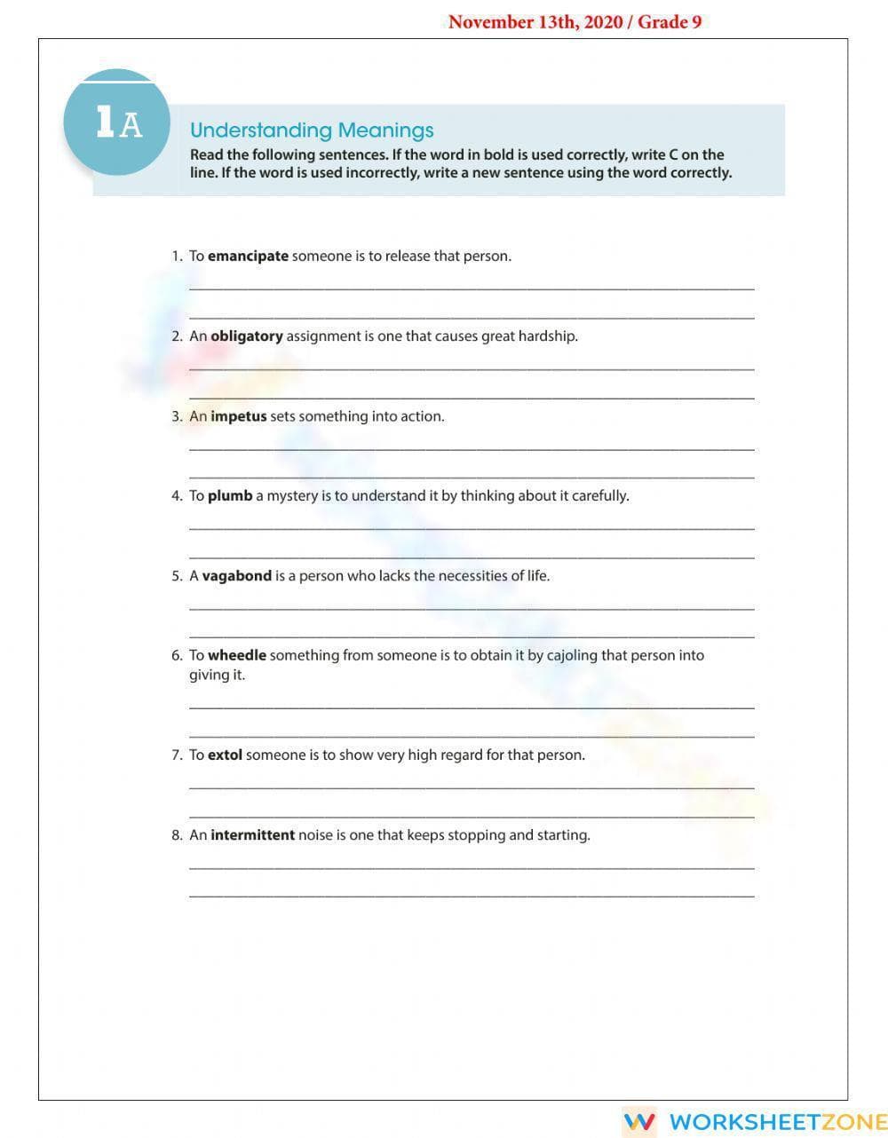 Essential Grade 9 Vocabulary Worksheet | Printable ELA - Page 1