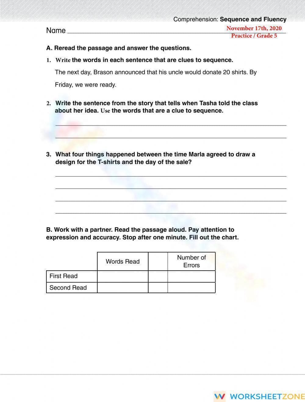 Essential Grade 5 Sequence and Fluency ELA Worksheet - Page 1
