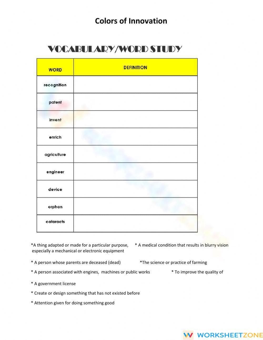 Printable Colors of Innovation Word Study | Grade 5 ELA - Page 1