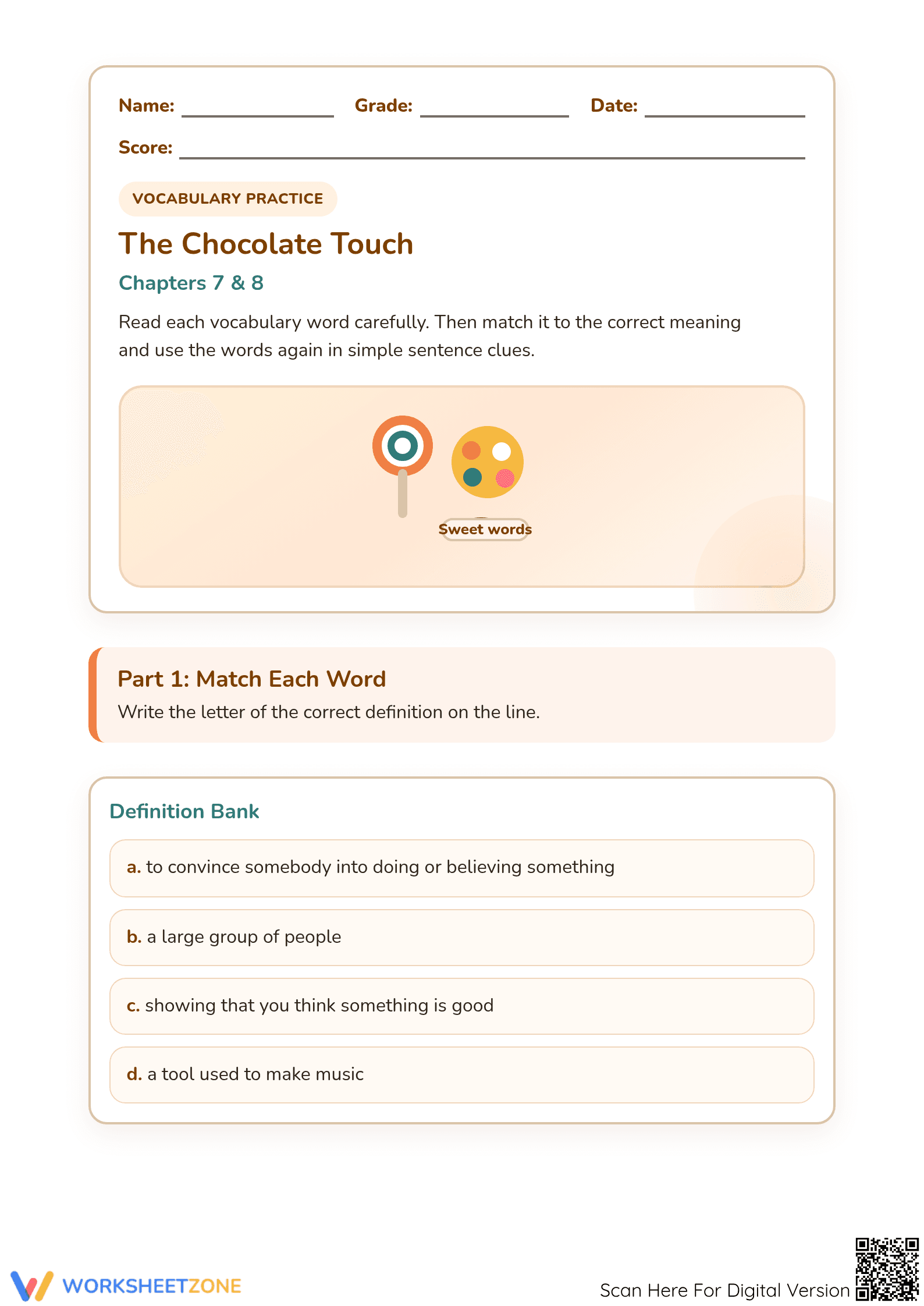 Essential Vocabulary for The Chocolate Touch Chapters 7-8 Printable - Page 1