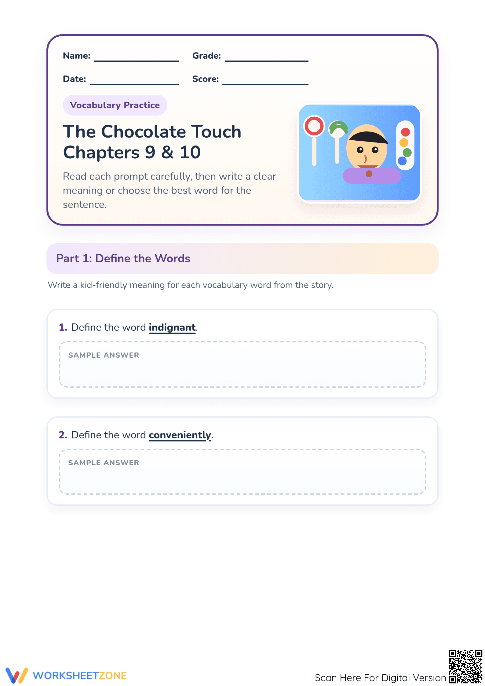 Essential The Chocolate Touch Vocabulary Worksheet | Grade 3 - Page 1