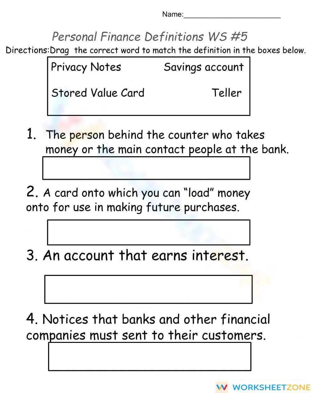Personal Finance Vocabulary Worksheet | Grade 4 Essential - Page 1