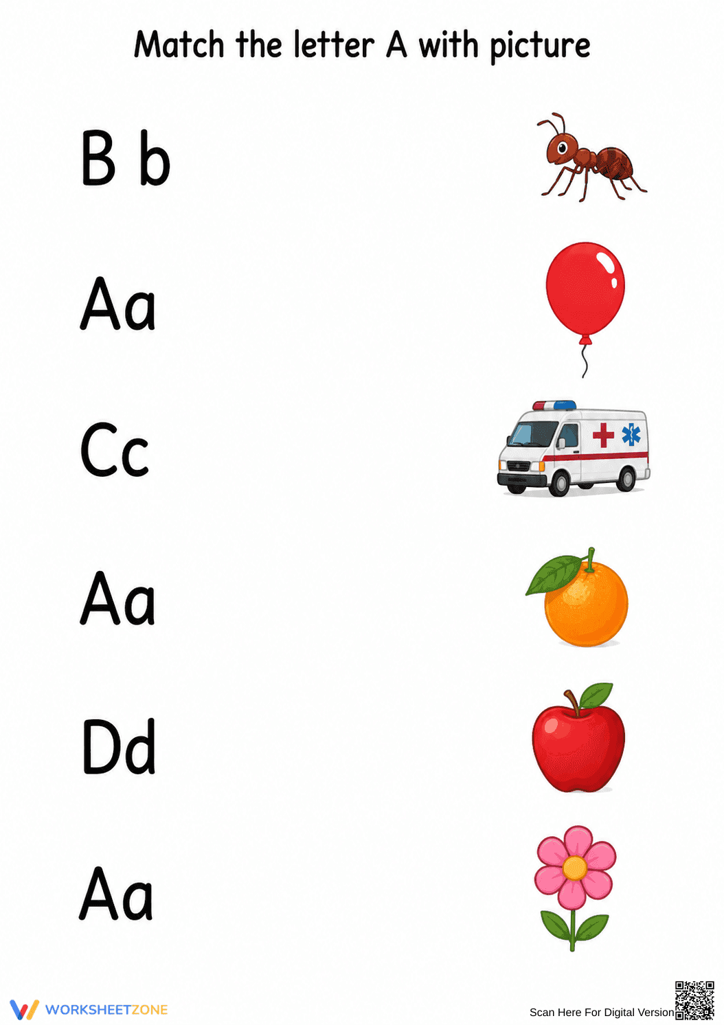 Essential Letter A Matching Worksheet | Printable Grade 1 - Page 1