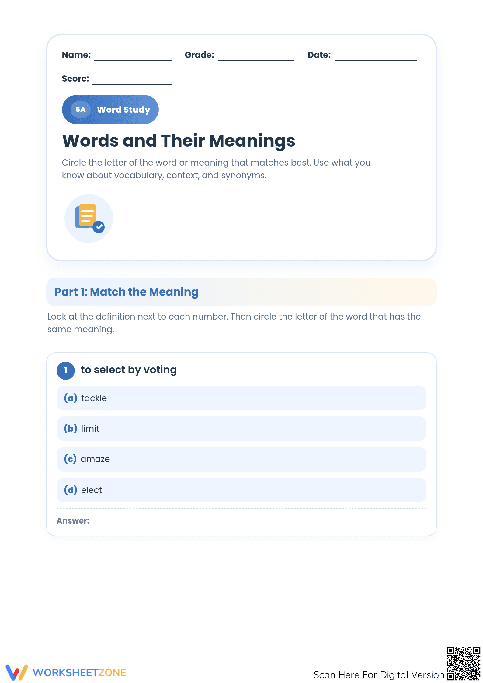 Printable Grade 5 Word Study Worksheet | Vocabulary Skills - Page 1