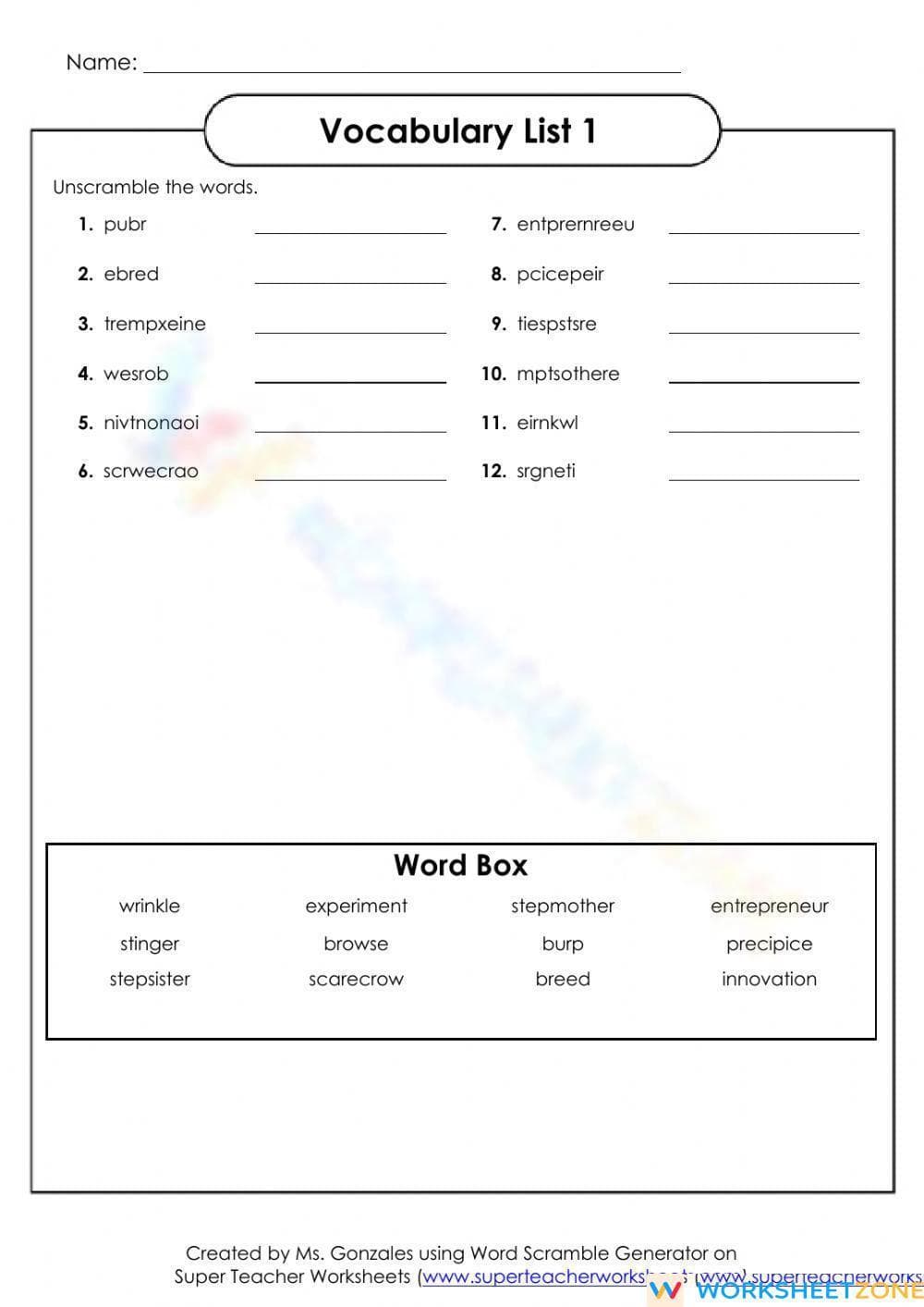 Printable Vocabulary List 1 Word Scramble | Grade 5 ELA - Page 1