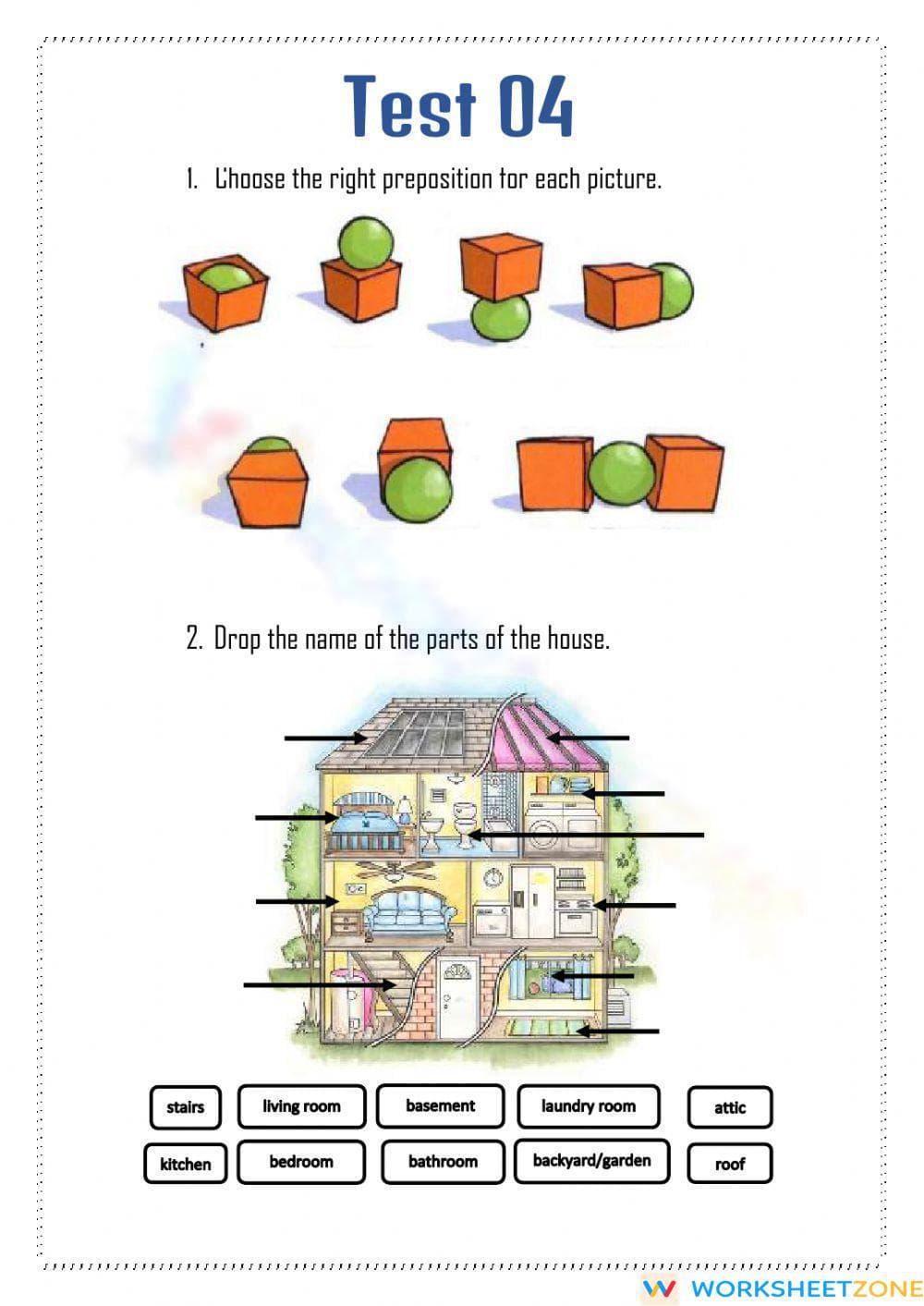 Printable House Vocab & Prepositions Worksheet | Grade 3 - Page 1