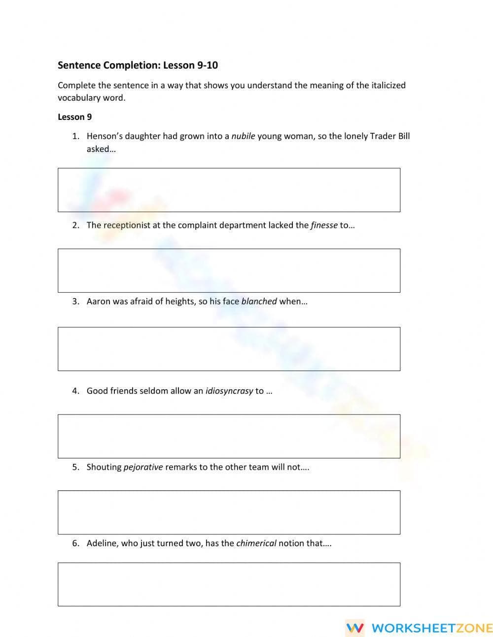 SAT Vocab 9-10 Sentence Completion | Essential Printable - Page 1
