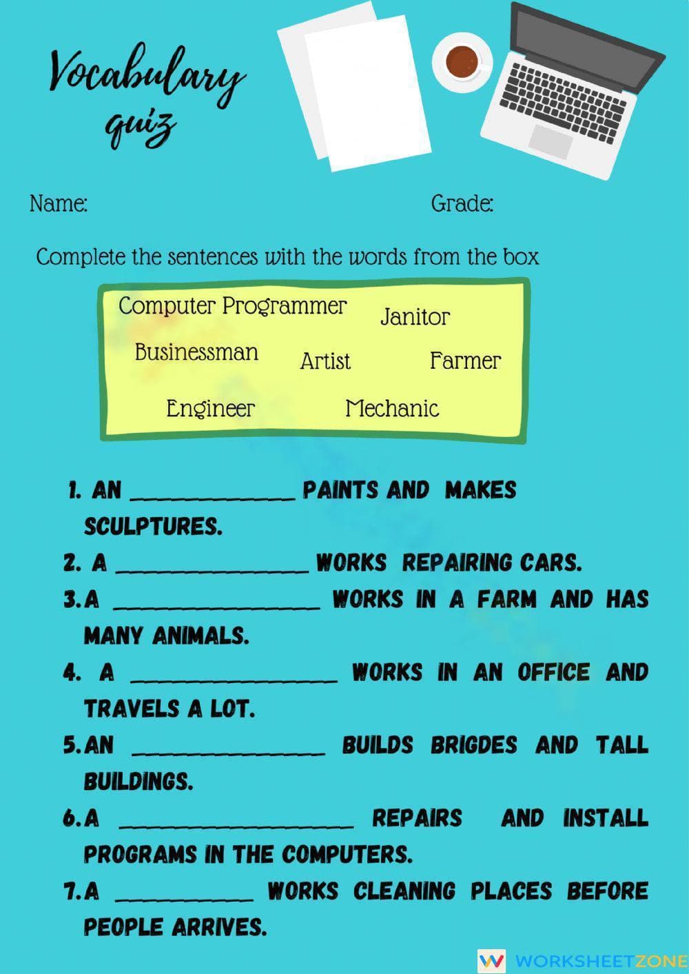Essential Grade 3 Jobs Vocabulary Quiz Worksheet - Page 1