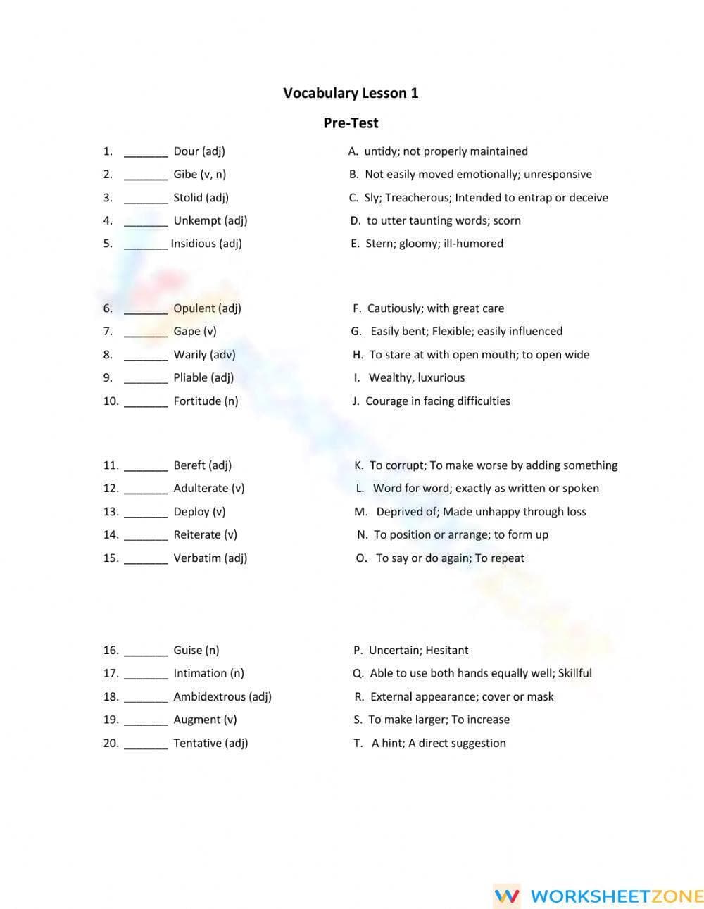 Essential Vocab Lesson 1 Pretest | Grade 10 ELA Printable - Page 1