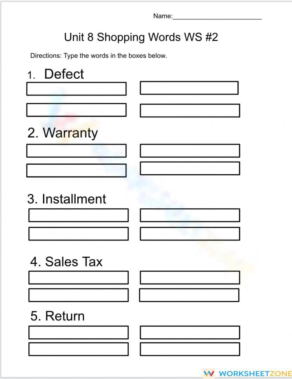 Essential Shopping Vocabulary Worksheet | Grade 3-6 ELA - Page 1