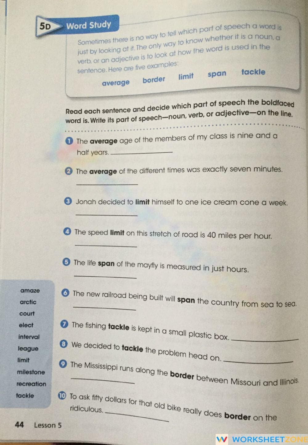 Grade 5 Parts of Speech — Printable No-Prep Worksheet - Page 1
