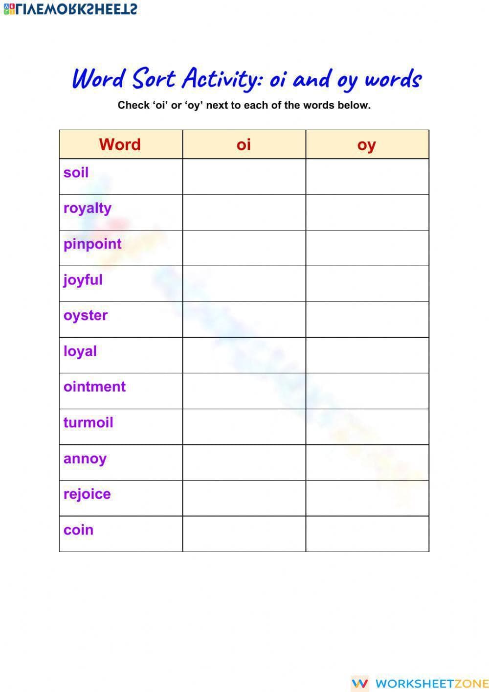 Essential 'oi' & 'oy' Diphthongs Worksheet | Grade 3 ELA - Page 1