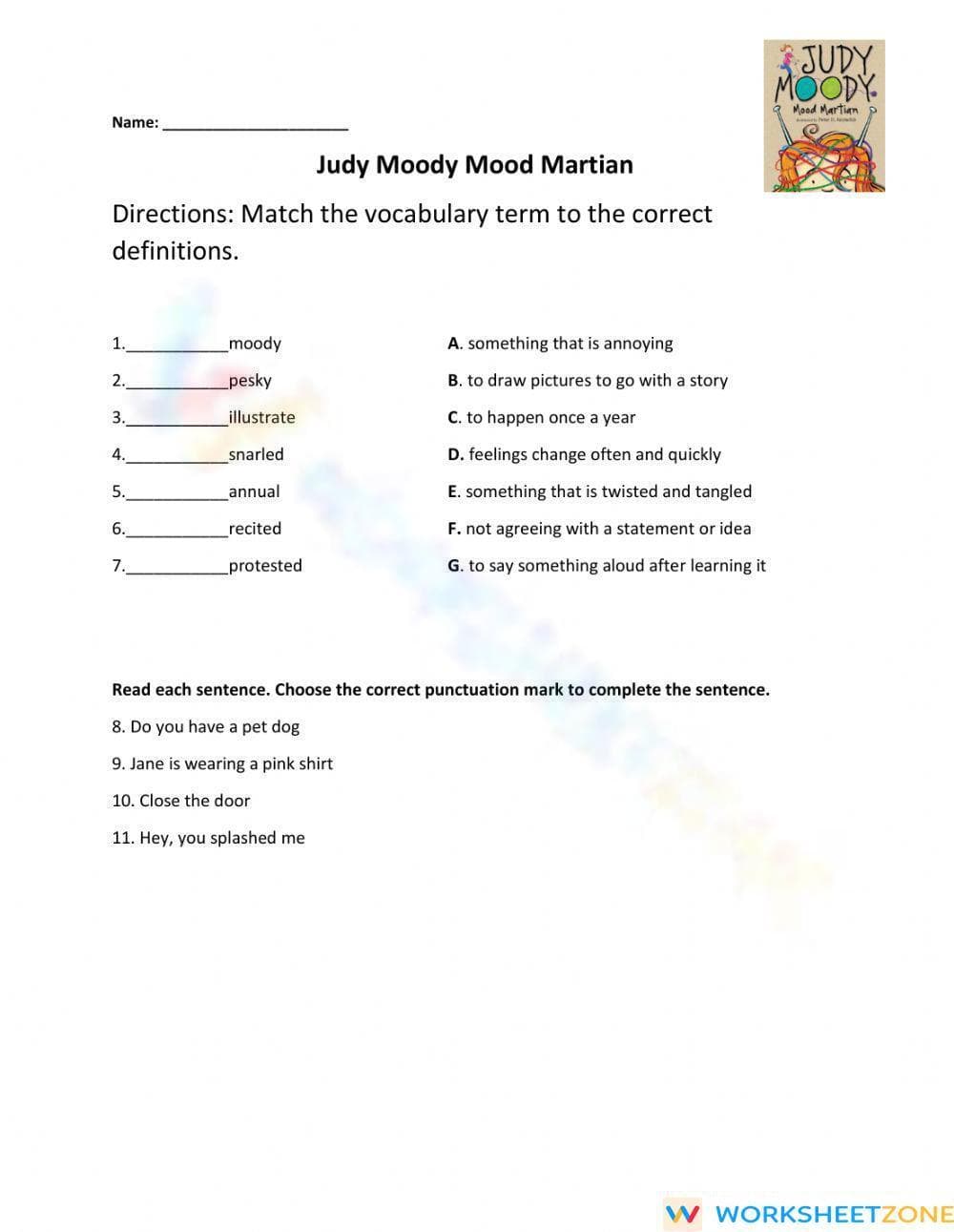 Essential Judy Moody Vocabulary and Punctuation Worksheet - Page 1