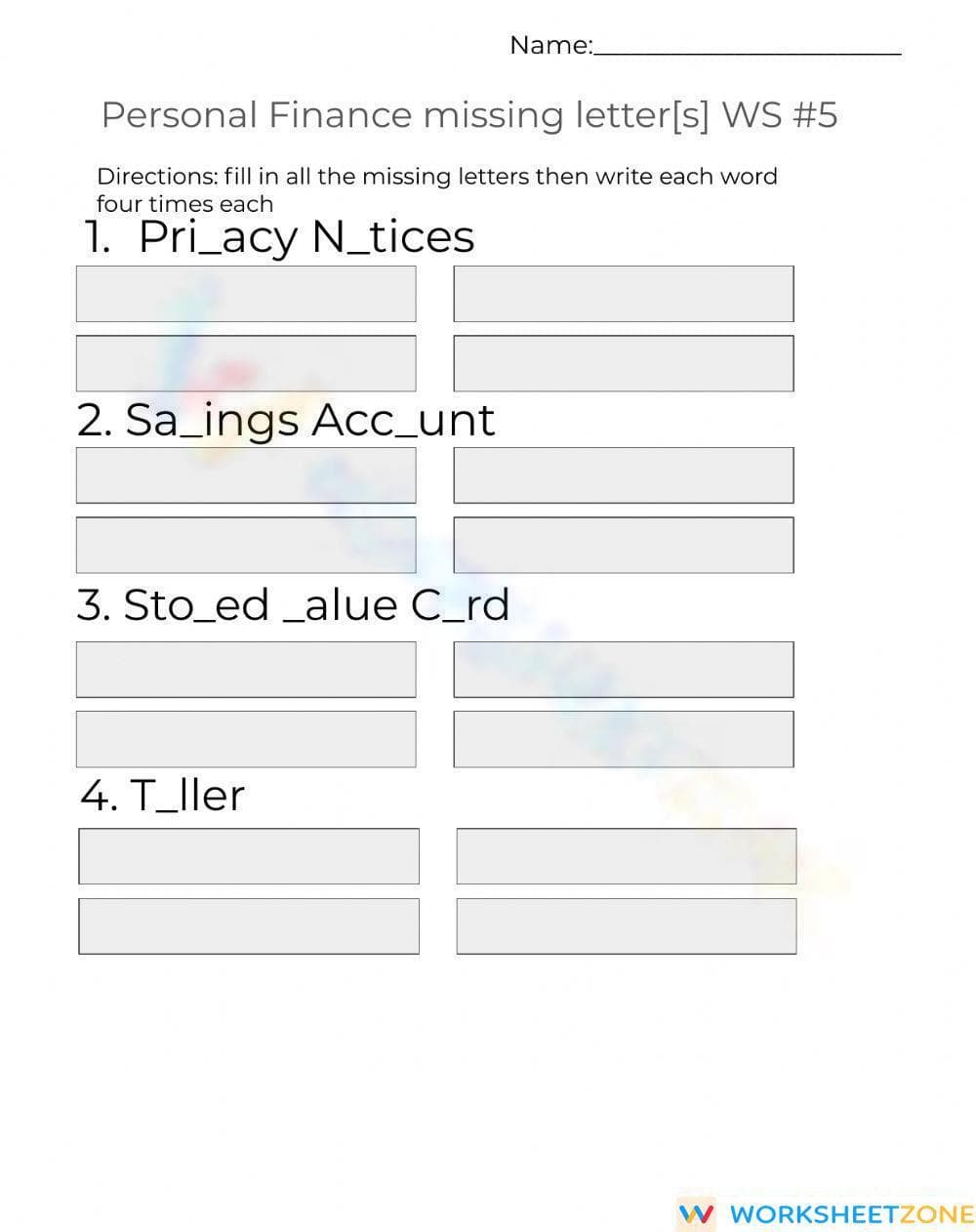 Essential Personal Finance Vocabulary Worksheet | Grades 3-6 - Page 1