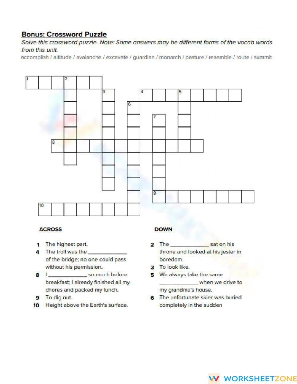 Essential Grade 5 Vocabulary Practice Crossword Puzzle - Page 1
