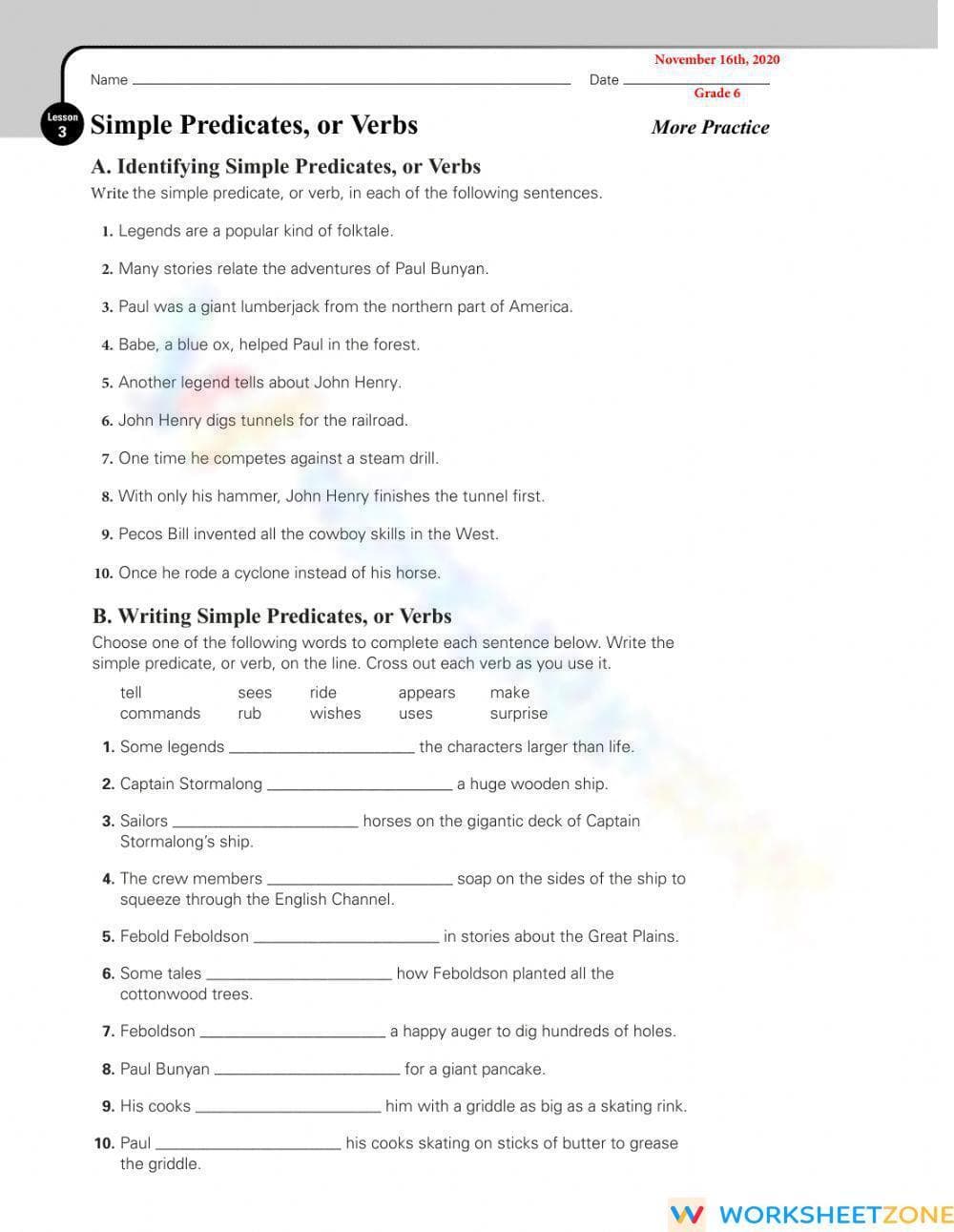 Essential Grade 6 Simple Predicates Worksheet | Printable - Page 1